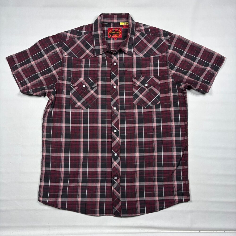 Attrak Jeans Western Heritage Mens XL Red Plaid Pearl Snap Short Sleeve Shirt